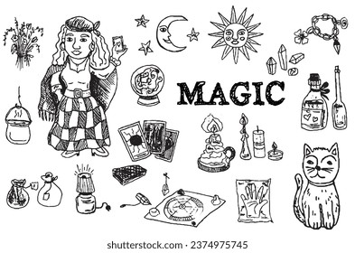 Hand drawn Magic set sketch with cauldron, cat, tarot cards, witch, alchemy. Black and white boho and esoteric  style illustration. Helloween 