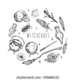 Hand drawn  Magic set. Vector illustration wizardry, witchcraft symbols Isolated icons collection Cartoon sorcery concept elements