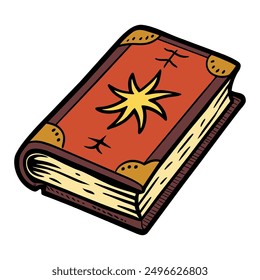 Hand drawn magic spell book. Ancient book in leather cover. Vector cartoon illustration.