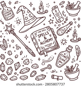 Hand drawn magic spells and alchemy potion elements doodle set with potion bottle magic wand mystical witchcraft parchment supernatural esoteric handdrawn illustration collection whimsical