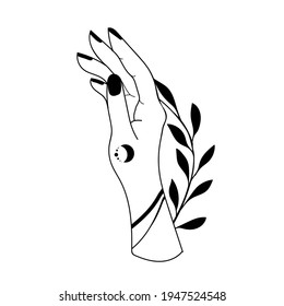 Hand drawn hand with Magic Symbols, Magic astrological symbols vector illustrations. Can use Tattoo design, mystic esoteric symbol.