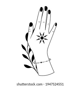 Hand drawn hand with Magic Symbols, Magic astrological symbols vector illustrations. Can use Tattoo design, mystic esoteric symbol.