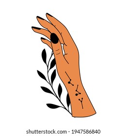 Hand drawn hand with Magic Symbols, Magic astrological symbols vector illustrations. Can use Tattoo design, mystic esoteric symbol.