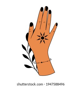 Hand drawn hand with Magic Symbols, Magic astrological symbols vector illustrations. Can use Tattoo design, mystic esoteric symbol.