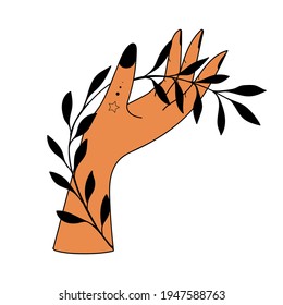 Hand drawn hand with Magic Symbols, Magic astrological symbols vector illustrations. Can use Tattoo design, mystic esoteric symbol.