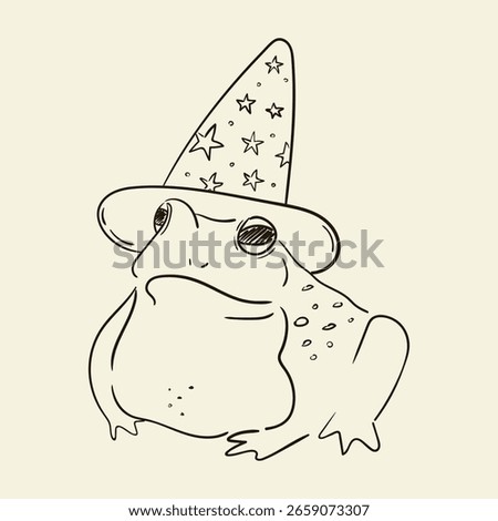 Hand drawn magic toad wearing hat with stars. Whimsical drawing of a frog sorcerer. Sketch vector illustration
