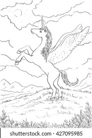 Hand drawn magic Unicorn for children. Coloring page with high details. Vector monochrome sketch. Unicorn with wings standing on hind legs. Night landscape with the moon.
