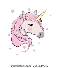 Hand Drawn Magic Unicorn Cute Pastel Vector Illustration with Hearts 