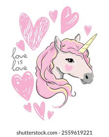 Hand Drawn Magic Unicorn Cute Pastel Vector Illustration with Hearts 