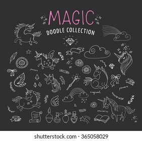 hand drawn, magic, unicorn and fairy doodles