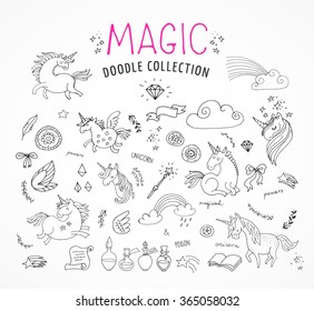 hand drawn, magic, unicorn and fairy doodles