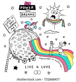 Hand drawn magic unicorn personage, romantic couple, newlyweds, funny girl and guy, rainbow, moon, marriage offer, wedding suggestion of hand and heart, art for t shirt, apparel, clothes, card, vector
