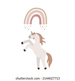 Unicornio mágico dibujado a mano con arco iris aislado en fondo blanco. Ilustración vectorial de cuerno. Afiche de caricatura infantil con animal de cuento de hadas, invitación, postal 