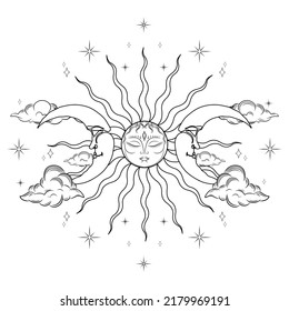 Hand drawn magic vector illustration on white background.  Occult symbols of moon, sun, stars and clouds. Celestial esoteric spiritual symbols. Vector templates. Moon pagan. Wicca moon.