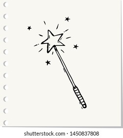 Hand Drawn magic wand doodle. Sketch style icon.Isolated on paper background. Vector illustration 
