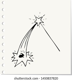 Hand Drawn magic wand doodle. Sketch style icon.Isolated on paper background. Vector illustration 