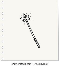 Hand Drawn magic wand doodle. Sketch style icon.Isolated on paper background. Vector illustration 