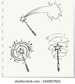 Hand Drawn magic wand doodle. Sketch style icon.Isolated on paper background. Vector illustration 