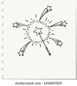 Hand Drawn magic wand doodle. Sketch style icon.Isolated on paper background. Vector illustration 