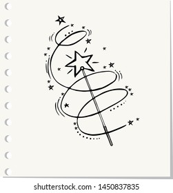 Hand Drawn magic wand doodle. Sketch style icon.Isolated on paper background. Vector illustration 