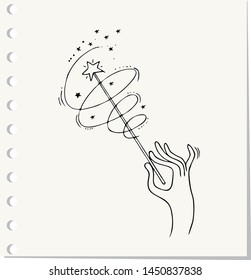 Hand Drawn magic wand doodle. Sketch style icon.Isolated on paper background. Vector illustration 