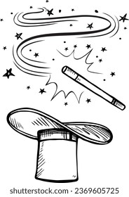Doodle de la varita mágica Hand Drawn. Icono de estilo de esbozo.Aislado en fondo blanco. Ilustración del vector