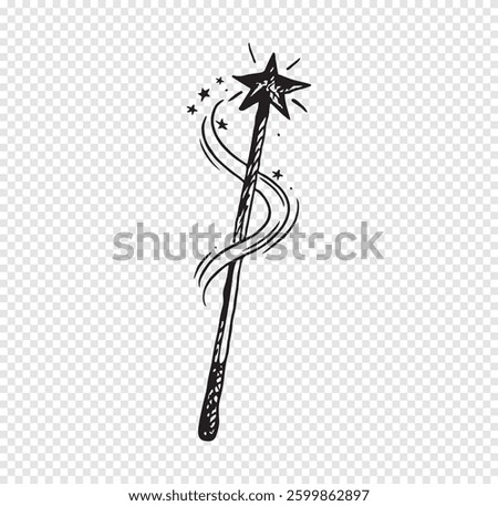 Hand Drawn magic wand doodle. Sketch style icon.Isolated on transparent background. Vector illustration