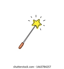 Hand Drawn magic wand with yellow star. doodle style icon. Flat design. Vector illustration.