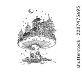 Hand drawn magical big mushroom with houses and pine trees drawing above it. Night sky with stars background. Drawing pen sketch mushroom fairy house vector illustration concept art.