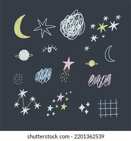 Заголовок: Hand drawn magical bodo print. Bohemian spase and stars in doodle style

