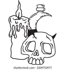 Hand drawn magical composition with a candle, a skull and a potion