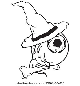 Hand drawn magical composition with a magic eye in a witch's hat and a bone