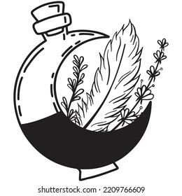 Hand drawn magical composition with a magic potion, herbs and a pen