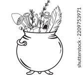 Hand drawn magical composition with a witch