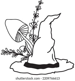 Hand drawn magical composition of a witch's hat with mushrooms and magical herbs