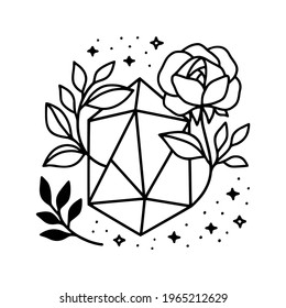 Hand drawn magical crystal, gem, stone, and floral leaf elements for beauty logo, healing, meditation, self care products, organic brand, emblem, feminine icon, and other purposes