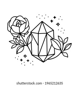 Cristal mágico dibujado a mano, gema, piedra y elementos de hoja floral para el logotipo de belleza, curación, meditación, productos de autocuidado, marca orgánica, emblema, icono femenino y otros fines