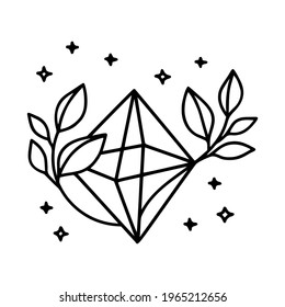 Cristal mágico dibujado a mano, gema, piedra y elementos de hoja floral para el logotipo de belleza, curación, meditación, productos de autocuidado, marca orgánica, emblema, icono femenino y otros fines