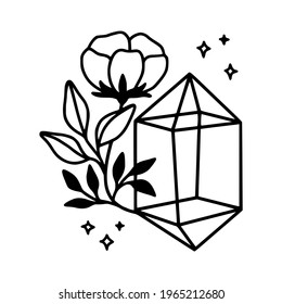 Hand drawn magical crystal, gem, stone, and floral leaf elements for beauty logo, healing, meditation, self care products, organic brand, emblem, feminine icon, and other purposes