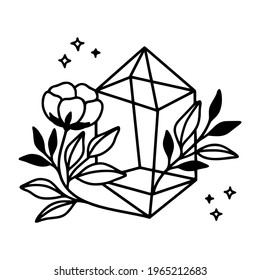 Hand drawn magical crystal, gem, stone, and floral leaf elements for beauty logo, healing, meditation, self care products, organic brand, emblem, feminine icon, and other purposes
