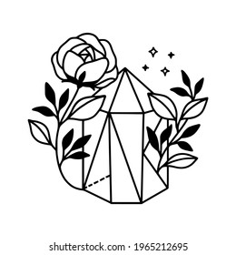 Hand drawn magical crystal, gem, stone, and floral leaf elements for beauty logo, healing, meditation, self care products, organic brand, emblem, feminine icon, and other purposes