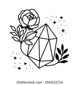 Hand drawn magical crystal, gem, stone, and floral leaf elements for beauty logo, healing, meditation, self care products, organic brand, emblem, feminine icon, and other purposes