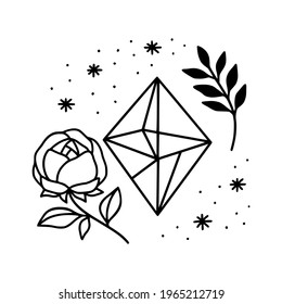 Cristal mágico dibujado a mano, gema, piedra y elementos de hoja floral para el logotipo de belleza, curación, meditación, productos de autocuidado, marca orgánica, emblema, icono femenino y otros fines