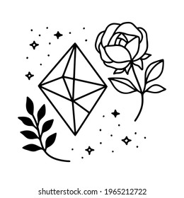 Hand drawn magical crystal, gem, stone, and floral leaf elements for beauty logo, healing, meditation, self care products, organic brand, emblem, feminine icon, and other purposes