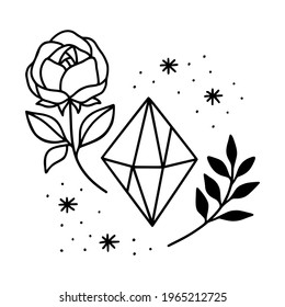 Hand drawn magical crystal, gem, stone, and floral leaf elements for beauty logo, healing, meditation, self care products, organic brand, emblem, feminine icon, and other purposes