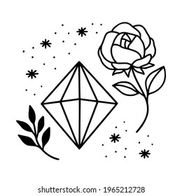Hand drawn magical crystal, gem, stone, and floral leaf elements for beauty logo, healing, meditation, self care products, organic brand, emblem, feminine icon, and other purposes