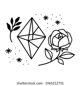 Cristal mágico dibujado a mano, gema, piedra y elementos de hoja floral para el logotipo de belleza, curación, meditación, productos de autocuidado, marca orgánica, emblema, icono femenino y otros fines
