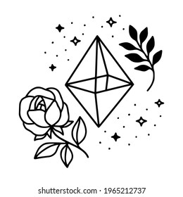 Cristal mágico dibujado a mano, gema, piedra y elementos de hoja floral para el logotipo de belleza, curación, meditación, productos de autocuidado, marca orgánica, emblema, icono femenino y otros fines