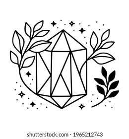Hand drawn magical crystal, gem, stone, and floral leaf elements for beauty logo, healing, meditation, self care products, organic brand, emblem, feminine icon, and other purposes