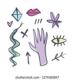Hand drawn magical elements, girl wizard set